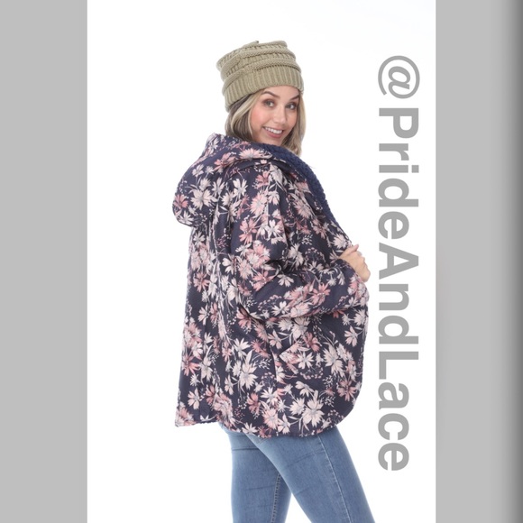 NAVY FLORAL FAUX FUR LINED CARDIGAN - Picture 4 of 4